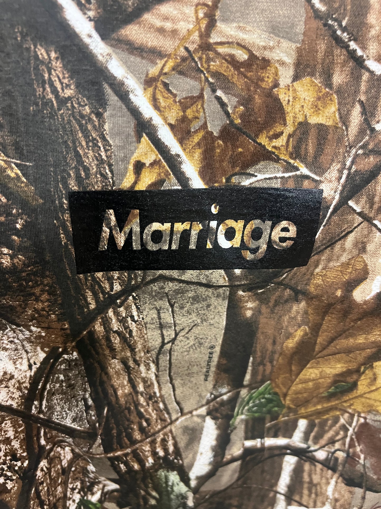 Marriage Boxx Logo on Tree Camo T Shirt