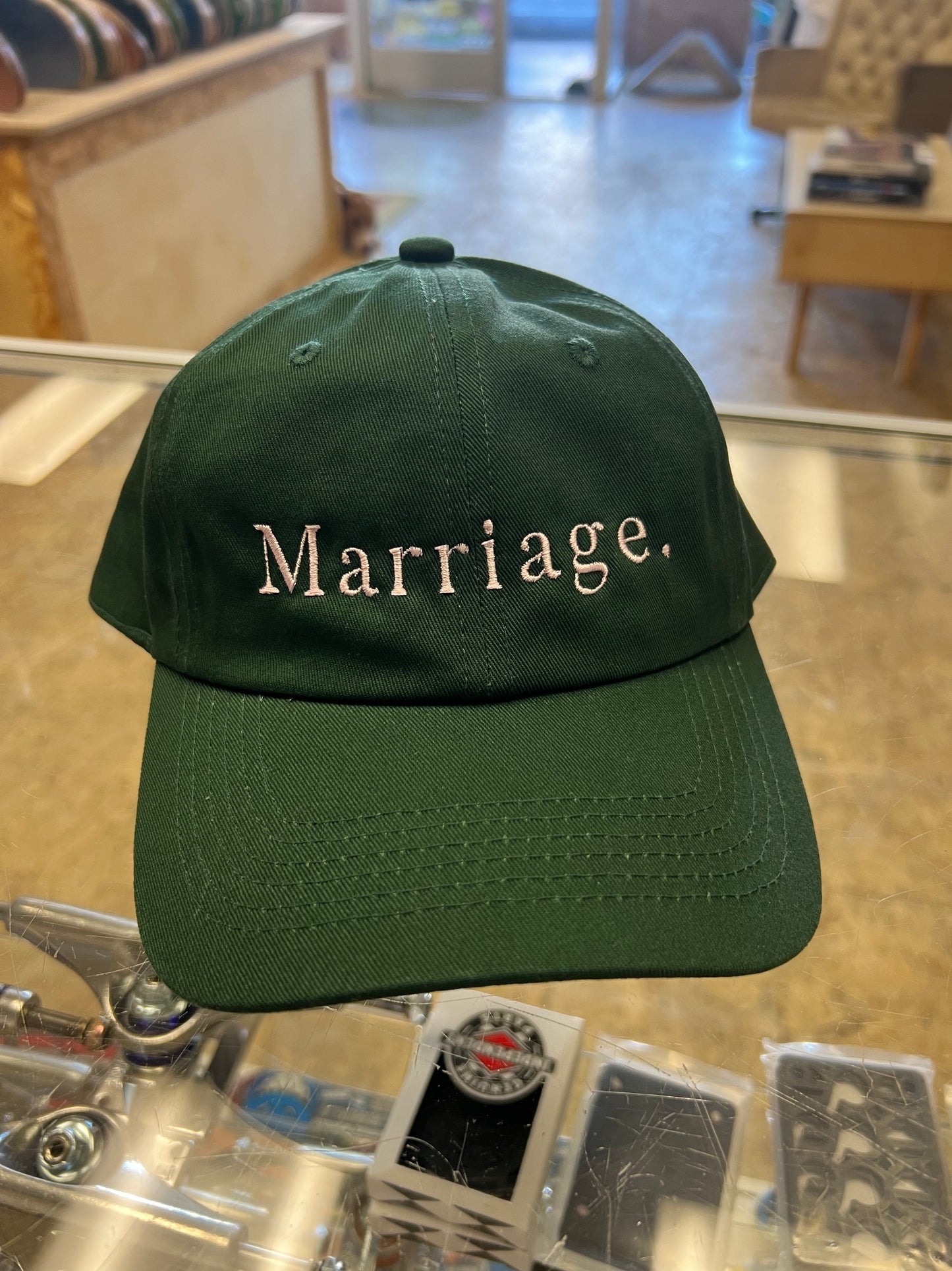 Marriage Logo Dad Hat  (hunter with pink stitching)